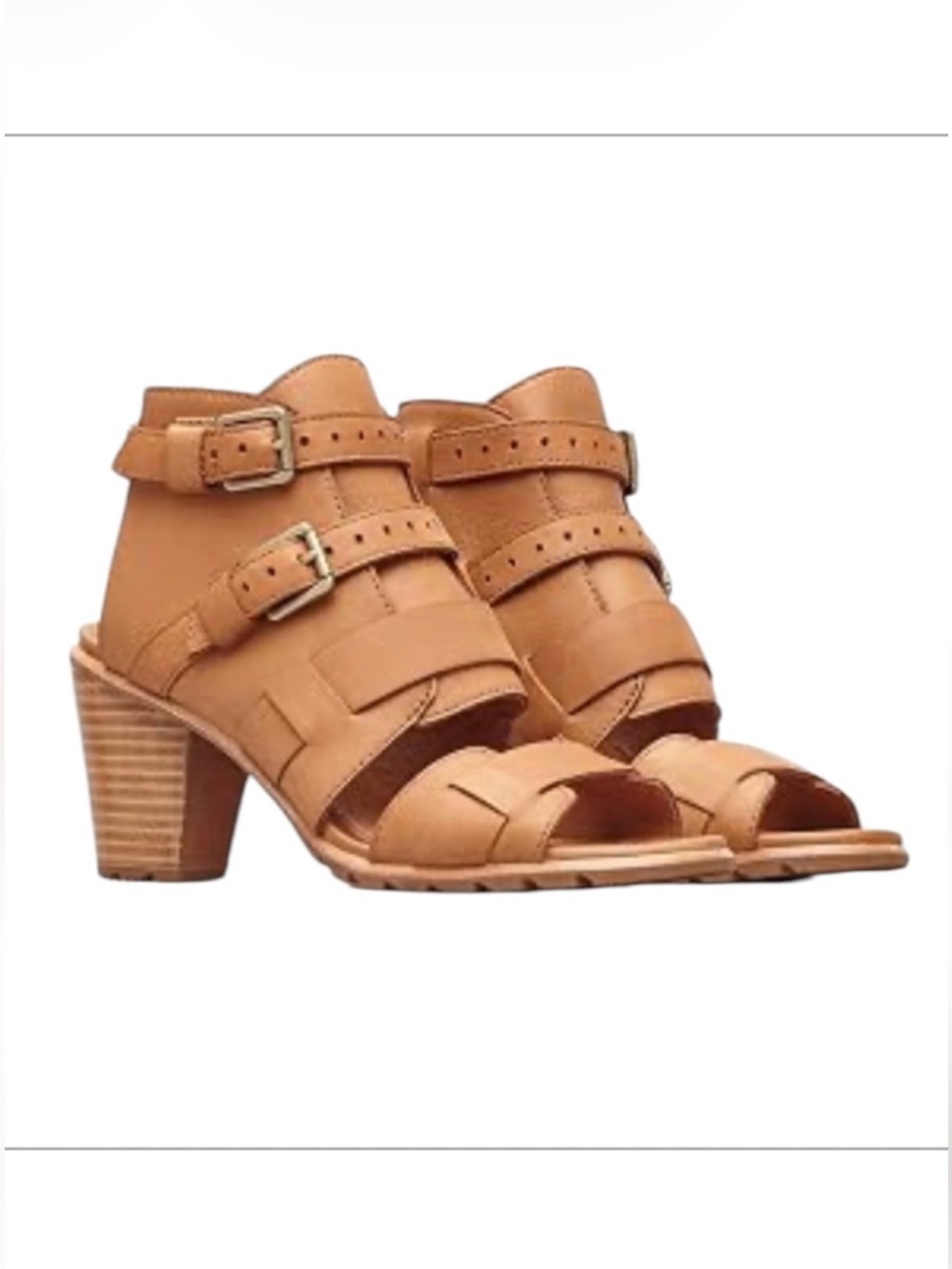 Sorel Nadia Buckle II Women’s Caramel Brown Leather Strappy Block Heel Sandals